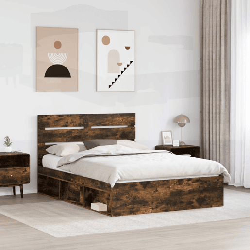 Estrutura de cama de casal com cabeceira - Carvalho Defumado 140 x 200 cm