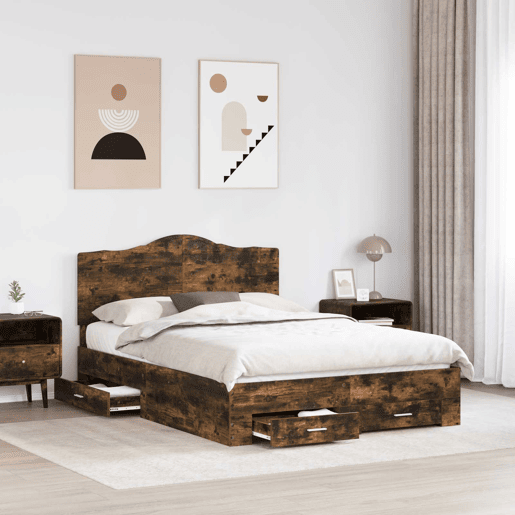 Estrutura de cama de casal com cabeceira - Carvalho Defumado 140 x 190 cm