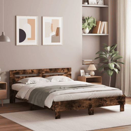 Estrutura Cama de casal simple c cabeceiraluzes LED 140x190cm carvalho fumado