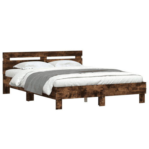 Estrutura Cama de casal simple c cabeceiraluzes LED 140x190cm carvalho fumado