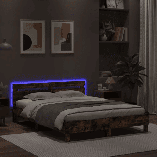 Estrutura Cama de casal simple c cabeceiraluzes LED 140x190cm carvalho fumado