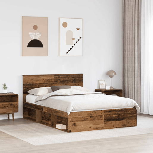 Estrutura de cama de casal com cabeceira - Madeira antiga 140 x 190 cm