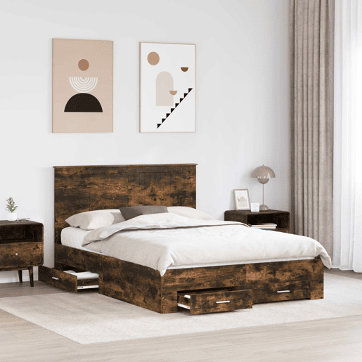 Estrutura de cama de casal com cabeceira - Carvalho Defumado 140 x 200 cm