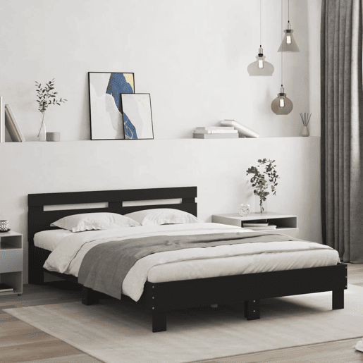 Estrutura de Cama de casal para adultos com cabeceira e luzes LED 140x190 cm preto