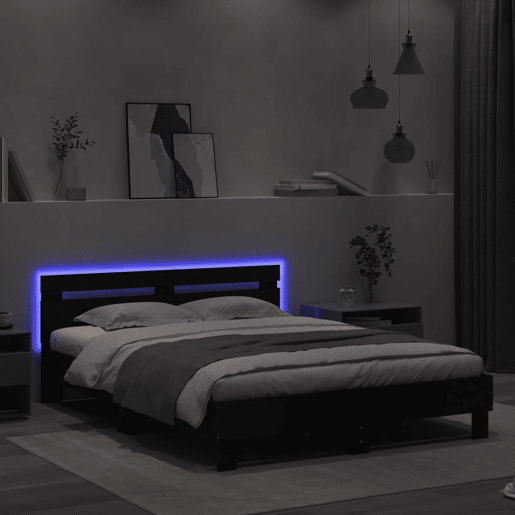 Estrutura de Cama de casal para adultos com cabeceira e luzes LED 140x190 cm preto