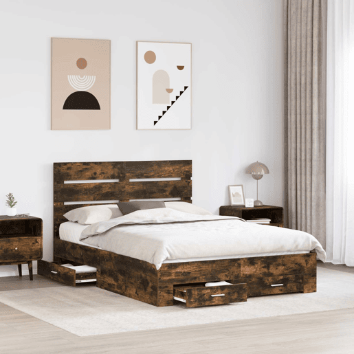 Estrutura da Cama de casal moderno com gaveta - Carvalho Defumado 140 x 200 cm