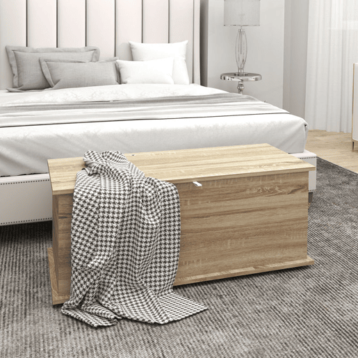 HOMCOM Baú de Armazenamento, Banco de Armazenamento, Banco para Sapatos com Dobradiça de Segurança, Estilo Moderno, para Corredor, Quarto, Sala, 100x40x40 cm, Carvalho