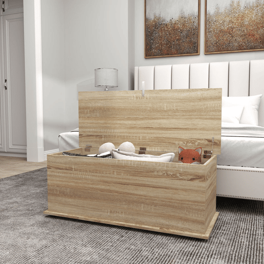 HOMCOM Baú de Armazenamento, Banco de Armazenamento, Banco para Sapatos com Dobradiça de Segurança, Estilo Moderno, para Corredor, Quarto, Sala, 100x40x40 cm, Carvalho