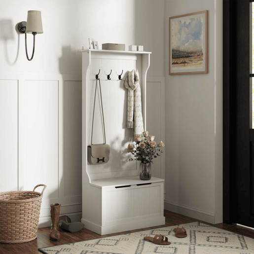 HOMCOM Móvel Cabide de Entrada com Banco de Arrumação e 4 Ganchos Branco Moderno 71,5x39,5x170 cm