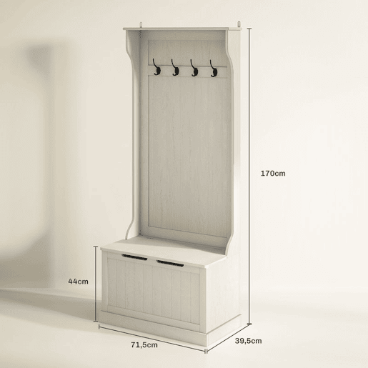 HOMCOM Móvel Cabide de Entrada com Banco de Arrumação e 4 Ganchos Branco Moderno 71,5x39,5x170 cm