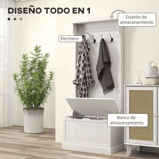 HOMCOM Móvel Cabide de Entrada com Banco de Arrumação e 4 Ganchos Branco Moderno 71,5x39,5x170 cm