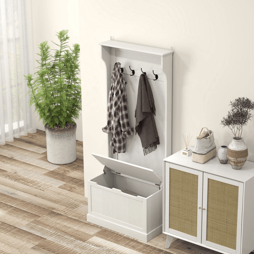 HOMCOM Móvel Cabide de Entrada com Banco de Arrumação e 4 Ganchos Branco Moderno 71,5x39,5x170 cm