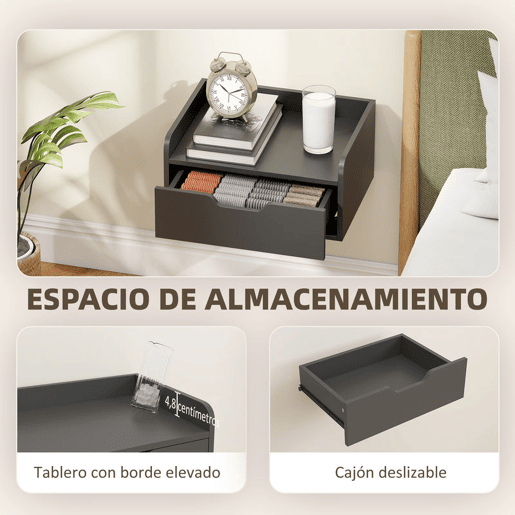 HOMCOM Conjunto de 2 Mesas de Cabeceira de Parede Flutuantes com 1 Gaveta para Quarto Design Simples 40x30x19,5 cm Preto