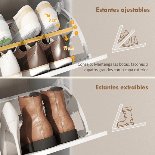 HOMCOM Sapateira Estreita com 3 Gavetas Rebatíveis Sapateira de Entrada Alta com Prateleiras Ajustáveis e Compartimento Aberto para 12-18 Pares de Sapatos Branco