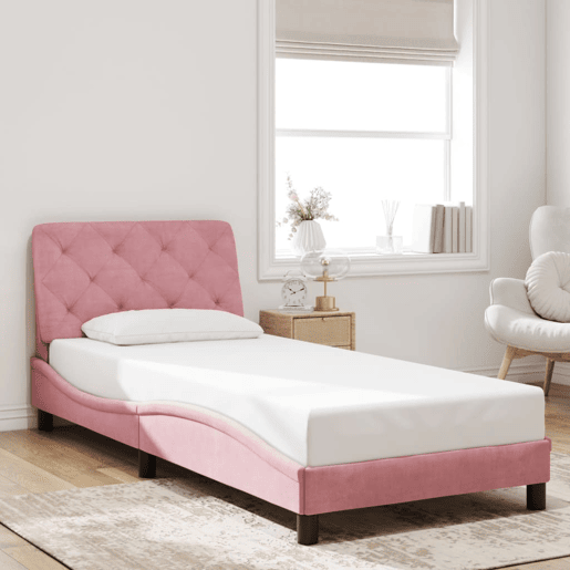 Estrutura de cama de solteiro para adultos com LED 80x200 cm veludo rosa