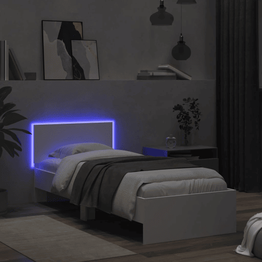 Estrutura de cama de solteiro para adultos c cabeceira e luzes LED 90x190 cm branco