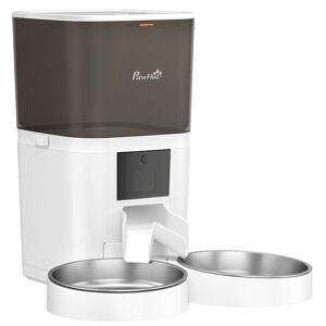 PawHut Comedouro Automático 6L WiFi 2.4G, Dispensador de Ração para Gatos e Cães com Controlo por App, 2 Tigelas, 1-10 Refeições por Dia, Gravador de Voz 10s, 2 Fontes de Alimentação, Fácil de Limpar