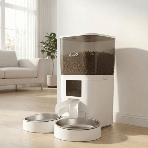 PawHut Comedouro Automático 6L WiFi 2.4G, Dispensador de Ração para Gatos e Cães com Controlo por App, 2 Tigelas, 1-10 Refeições por Dia, Gravador de Voz 10s, 2 Fontes de Alimentação, Fácil de Limpar