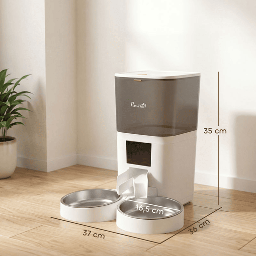 PawHut Comedouro Automático 6L WiFi 2.4G, Dispensador de Ração para Gatos e Cães com Controlo por App, 2 Tigelas, 1-10 Refeições por Dia, Gravador de Voz 10s, 2 Fontes de Alimentação, Fácil de Limpar