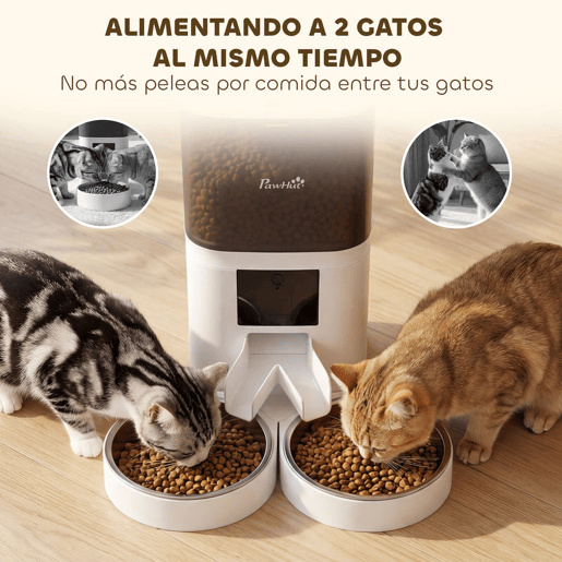 PawHut Comedouro Automático 6L WiFi 2.4G, Dispensador de Ração para Gatos e Cães com Controlo por App, 2 Tigelas, 1-10 Refeições por Dia, Gravador de Voz 10s, 2 Fontes de Alimentação, Fácil de Limpar