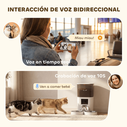 PawHut Comedouro Automático 6L WiFi 2.4G, Dispensador de Ração para Gatos e Cães com Controlo por App, 2 Tigelas, 1-10 Refeições por Dia, Gravador de Voz 10s, 2 Fontes de Alimentação, Fácil de Limpar