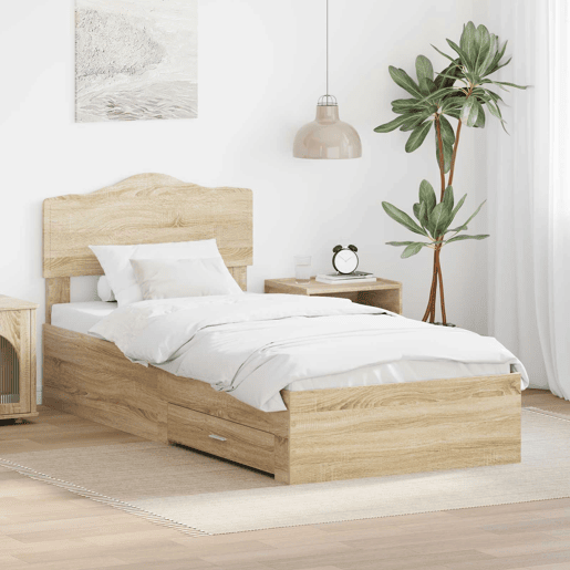 Estrutura de cama de solteiro moderno com cabeceira - Carvalho Sonoma 90 x 190 cm
