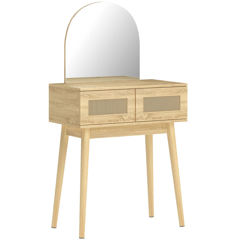 Homcom tocador con espejo arqueado, mesa de maquillaje moderna con 2 cajones con frontal de ratán, tocador de maquillaje para dormitorio, espacios