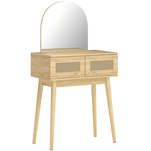 HOMCOM Penteadeira com Espelho Arqueado, Mesa de Maquilhagem Moderna com 2 Gavetas com Frente de Rattan, Penteadeira para Quarto, Espaços Pequenos, Natural
