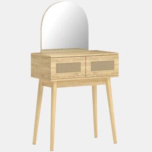 HOMCOM Penteadeira com Espelho Arqueado, Mesa de Maquilhagem Moderna com 2 Gavetas com Frente de Rattan, Penteadeira para Quarto, Espaços Pequenos, Natural