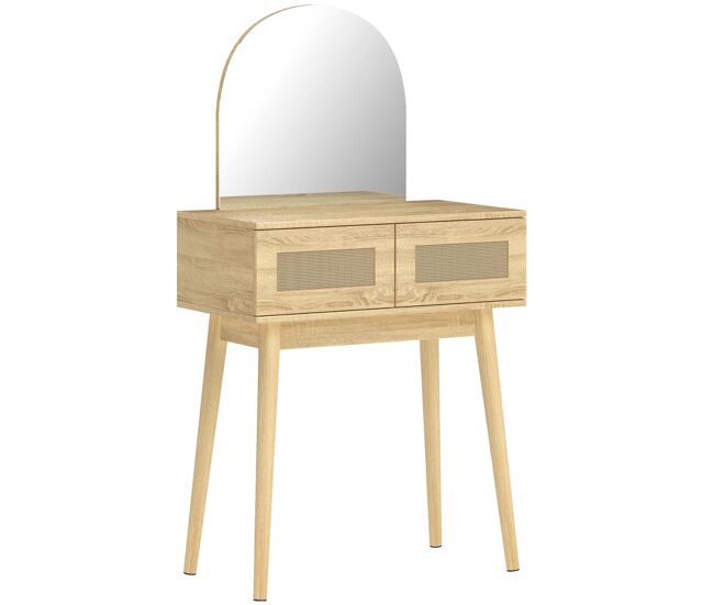 Homcom tocador con espejo arqueado, mesa de maquillaje moderna con 2 cajones con frontal de ratán, tocador de maquillaje para dormitorio, espacios
