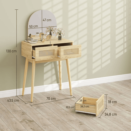 HOMCOM Penteadeira com Espelho Arqueado, Mesa de Maquilhagem Moderna com 2 Gavetas com Frente de Rattan, Penteadeira para Quarto, Espaços Pequenos, Natural