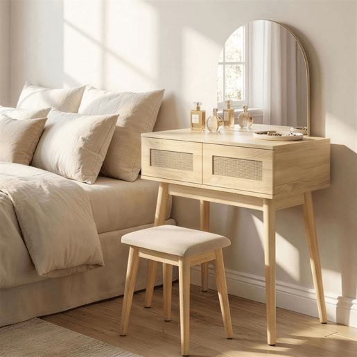 HOMCOM Penteadeira com Espelho Arqueado, Mesa de Maquilhagem Moderna com 2 Gavetas com Frente de Rattan, Penteadeira para Quarto, Espaços Pequenos, Natural