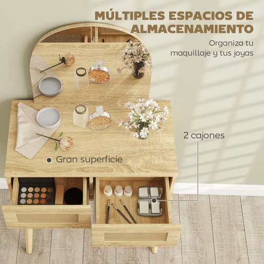 HOMCOM Penteadeira com Espelho Arqueado, Mesa de Maquilhagem Moderna com 2 Gavetas com Frente de Rattan, Penteadeira para Quarto, Espaços Pequenos, Natural