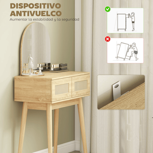 HOMCOM Penteadeira com Espelho Arqueado, Mesa de Maquilhagem Moderna com 2 Gavetas com Frente de Rattan, Penteadeira para Quarto, Espaços Pequenos, Natural