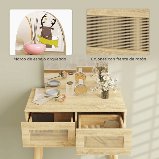 HOMCOM Penteadeira com Espelho Arqueado, Mesa de Maquilhagem Moderna com 2 Gavetas com Frente de Rattan, Penteadeira para Quarto, Espaços Pequenos, Natural