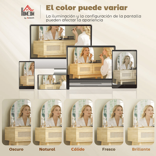 HOMCOM Penteadeira com Espelho Arqueado, Mesa de Maquilhagem Moderna com 2 Gavetas com Frente de Rattan, Penteadeira para Quarto, Espaços Pequenos, Natural