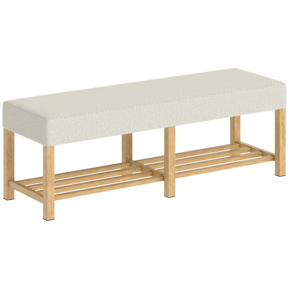 Homcom banco zapatero, banco recibidor moderno, con asiento acolchado para 2 personas, estante abierto, marco de madera, para entrada, pasillo, salón, 140x44x48 cm, crema y madera natural