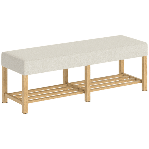 HOMCOM Banco Sapateira, Banco de Entrada Moderno com Assento Acolchoado para 2 Pessoas Prateleira Aberta Estrutura de Madeira para Entrada Corredor Sala 140x44x48 cm Creme e Madeira