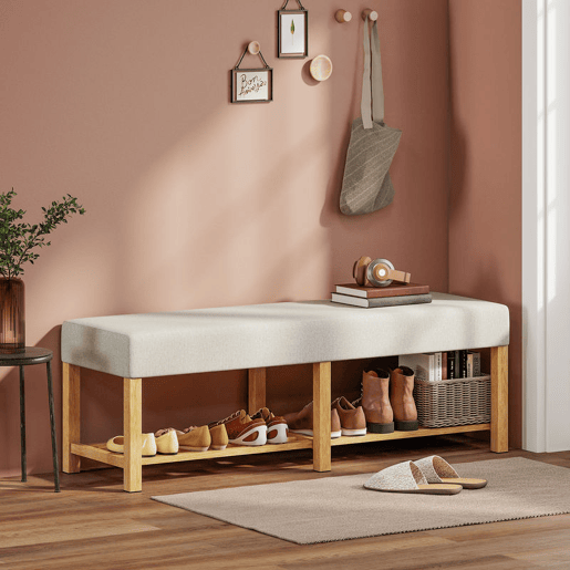 HOMCOM Banco Sapateira, Banco de Entrada Moderno com Assento Acolchoado para 2 Pessoas Prateleira Aberta Estrutura de Madeira para Entrada Corredor Sala 140x44x48 cm Creme e Madeira