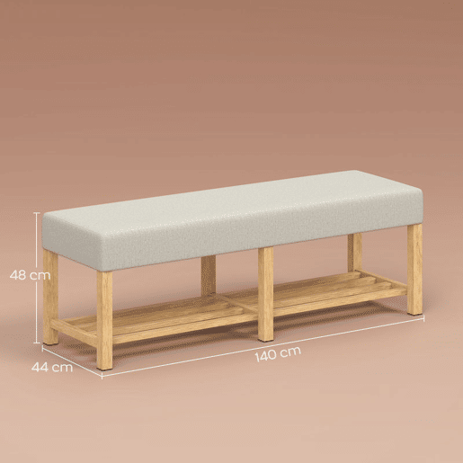 HOMCOM Banco Sapateira, Banco de Entrada Moderno com Assento Acolchoado para 2 Pessoas Prateleira Aberta Estrutura de Madeira para Entrada Corredor Sala 140x44x48 cm Creme e Madeira