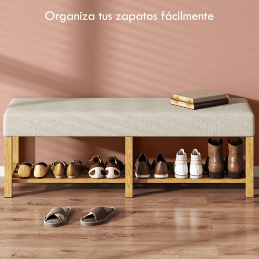 HOMCOM Banco Sapateira, Banco de Entrada Moderno com Assento Acolchoado para 2 Pessoas Prateleira Aberta Estrutura de Madeira para Entrada Corredor Sala 140x44x48 cm Creme e Madeira