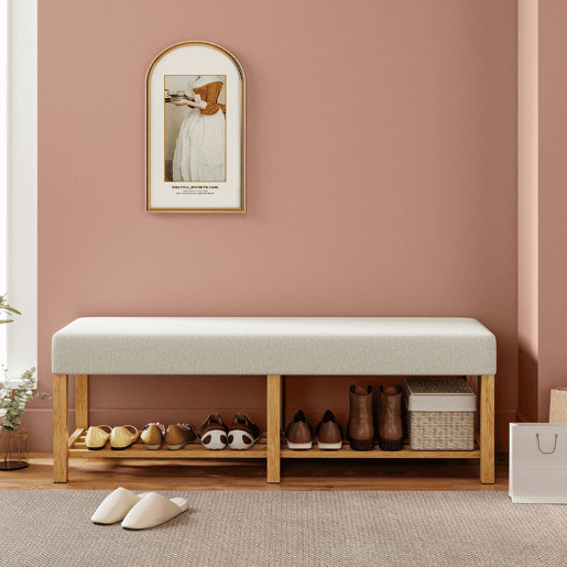 HOMCOM Banco Sapateira, Banco de Entrada Moderno com Assento Acolchoado para 2 Pessoas Prateleira Aberta Estrutura de Madeira para Entrada Corredor Sala 140x44x48 cm Creme e Madeira