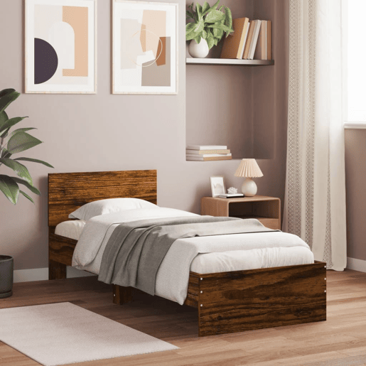 Estrutura de cama de solteiro moderno c cabeceiraluzes LED 90x190 cm carvalho fumado