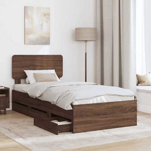 Estrutura de cama de solteiro moderno com cabeceira - Carvalho castanho 90 x 200 cm