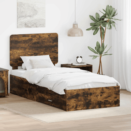Estrutura de cama de solteiro para adultos com cabeceira Carvalho Defumado 90 x 190 cm