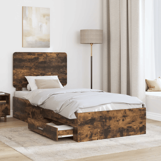 Estrutura de cama de solteiro para adultos com cabeceira Carvalho Defumado 90 x 190 cm