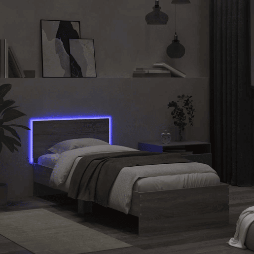 Estrutura de cama de solteiro moderno c cabeceiraluzes LED 90x190 cm cinza sonoma