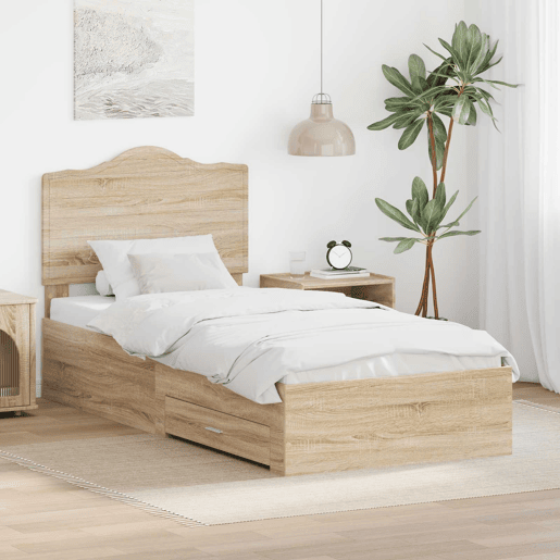 Estrutura de cama de solteiro moderno com cabeceira - Carvalho Sonoma 90 x 190 cm