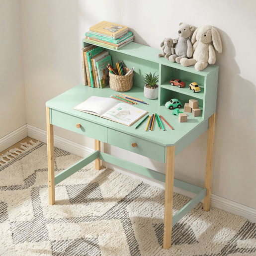 AIYAPLAY Secretária Infantil Mesa de Estudo para Crianças com 3 Compartimentos Abertos e 2 Gavetões Pés em Madeira para Estudo Entrada Quarto para Crianças de 5-12 Anos 90x52x105 cm Verde