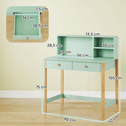AIYAPLAY Secretária Infantil Mesa de Estudo para Crianças com 3 Compartimentos Abertos e 2 Gavetões Pés em Madeira para Estudo Entrada Quarto para Crianças de 5-12 Anos 90x52x105 cm Verde